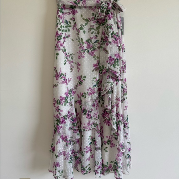 Eliza J Lilac White Floral Wrap Ruffled Tie Front Midi Dress - Picture 4 of 15